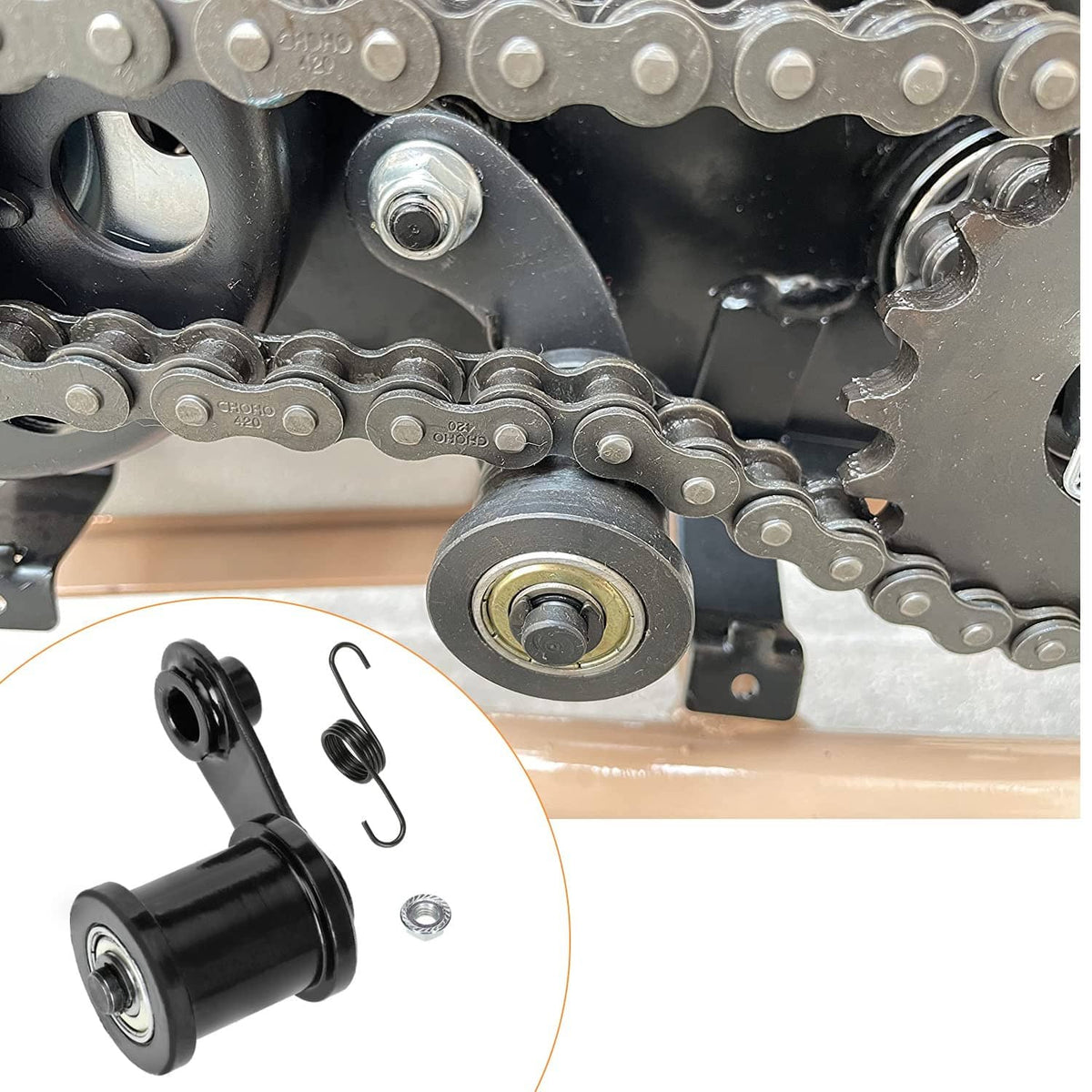 Chain tensioner installed on mini bike chain drive, showing roller and bracket