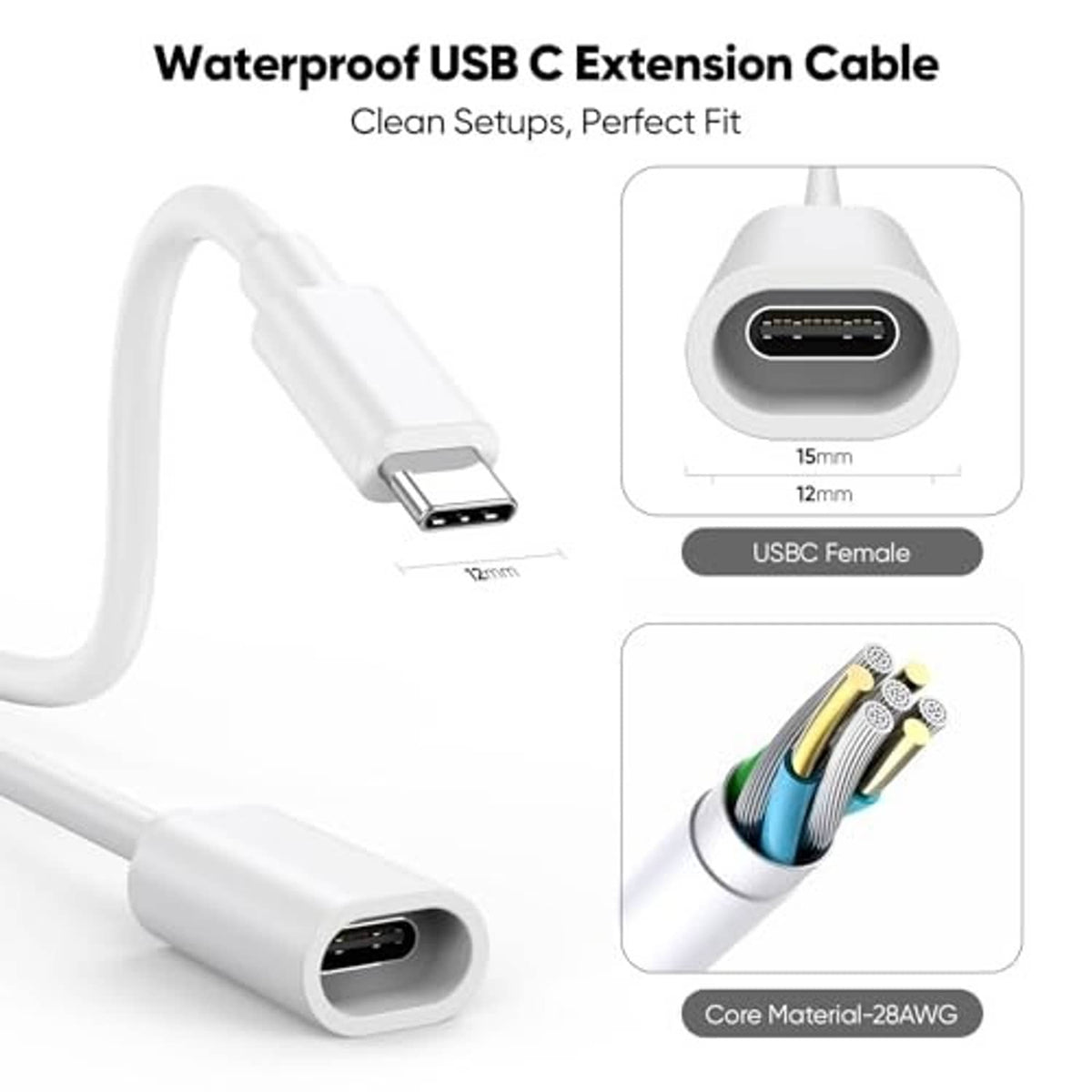 White USB-C extension cable with male and female USB-C ends and flexible cord