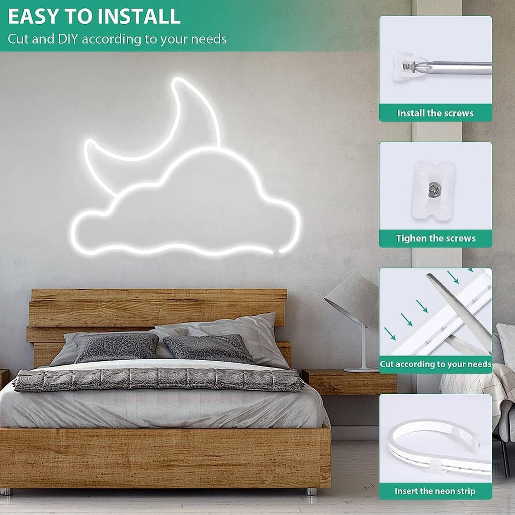 White LED neon rope light shaped like a unicorn outline on a wall, DIY installation