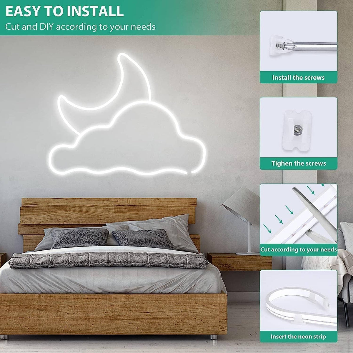 White LED neon rope light shaped like a unicorn outline on a wall, DIY installation
