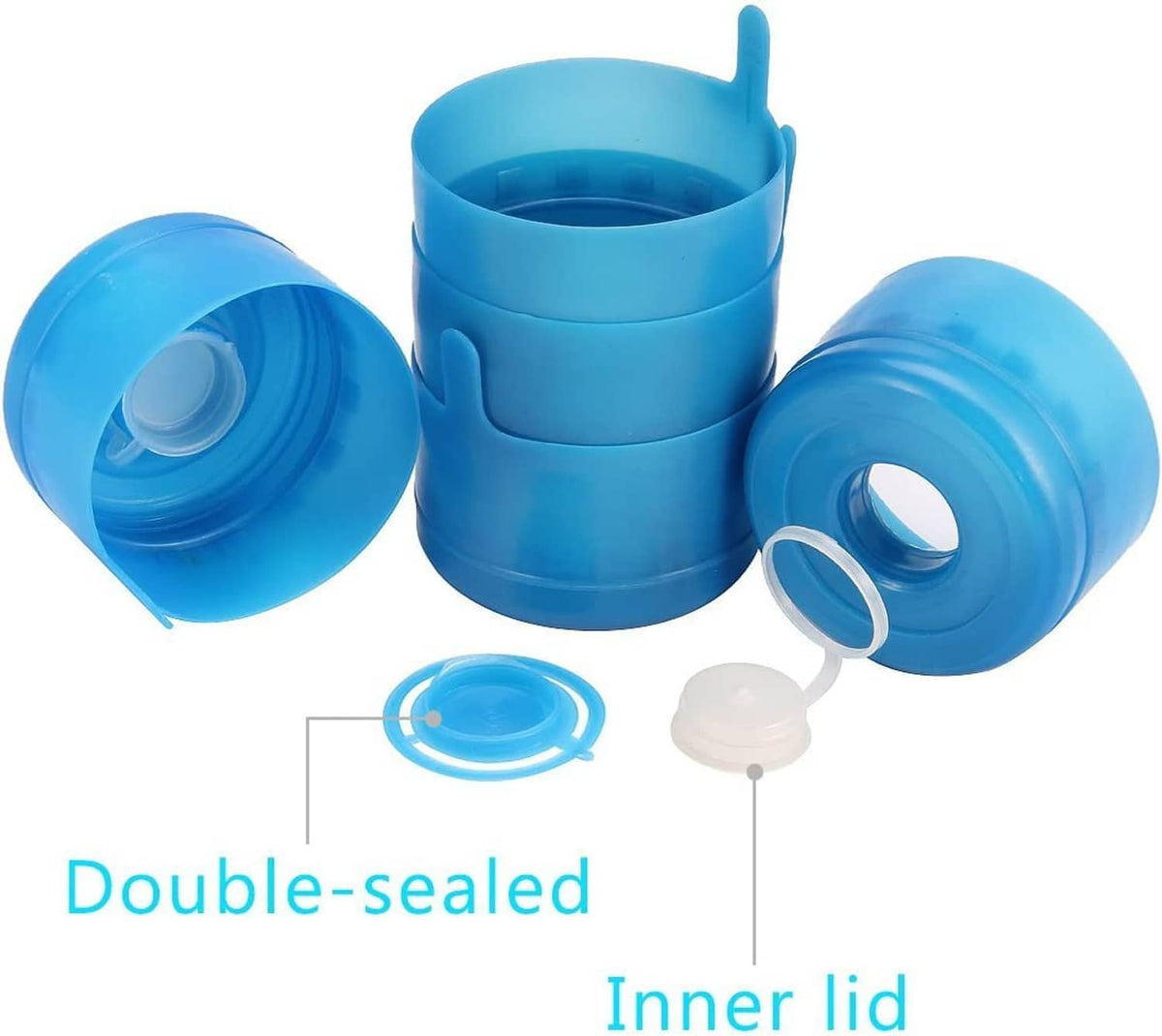 Blue double-sealed snap-on non-spill caps with inner lid shown next to container