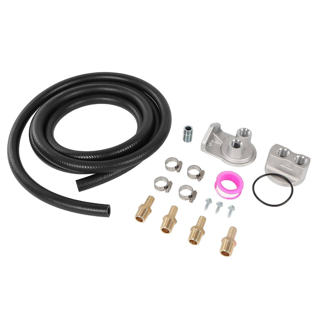 Oil filter adapter kit with coiled black hose, metal mounts, brass fittings, and O-ring