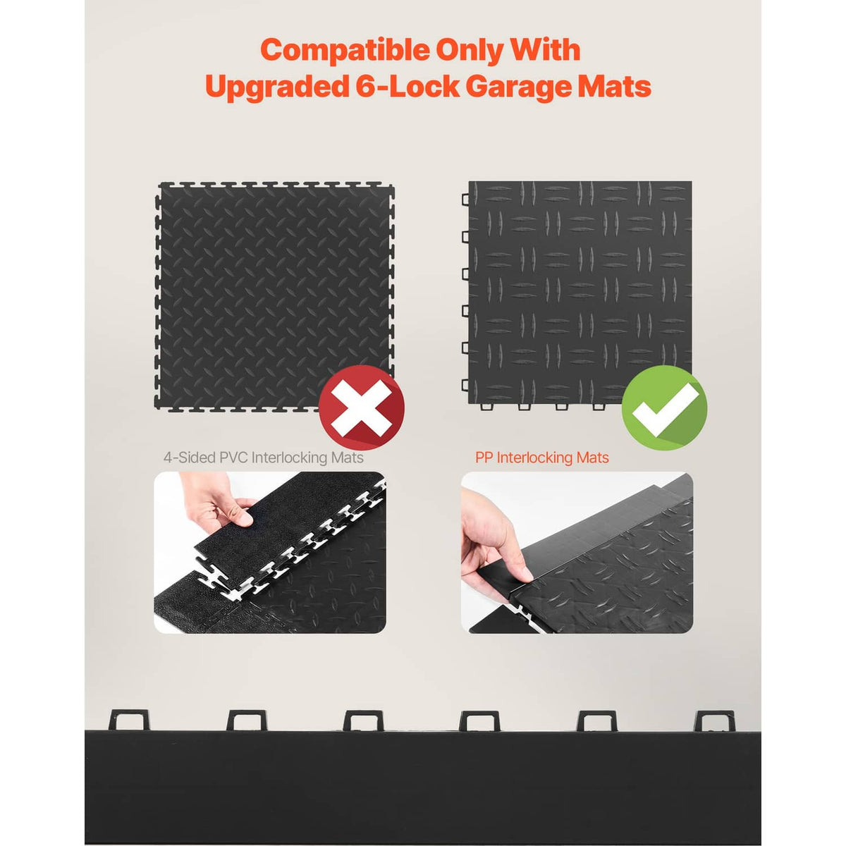 Black garage floor edge mat section with interlocking connectors