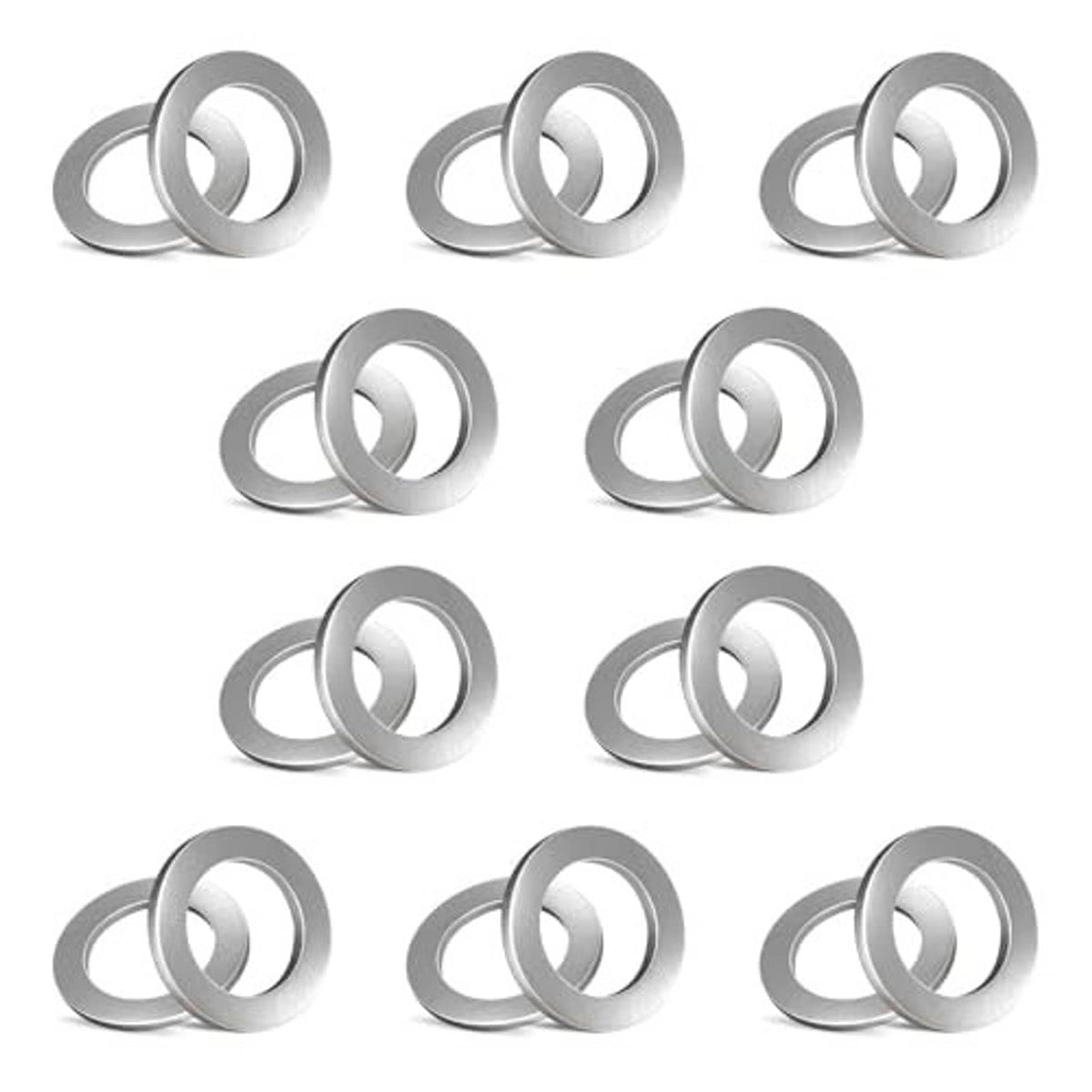 Multiple silver oil drain plug crush washers arranged in a grid