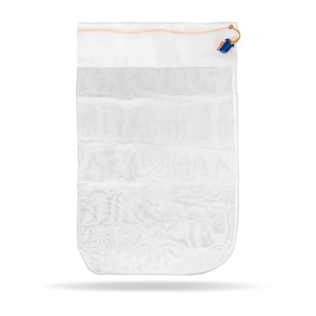White mesh pool vacuum filter bag, front view, with blue-and-orange drawstring