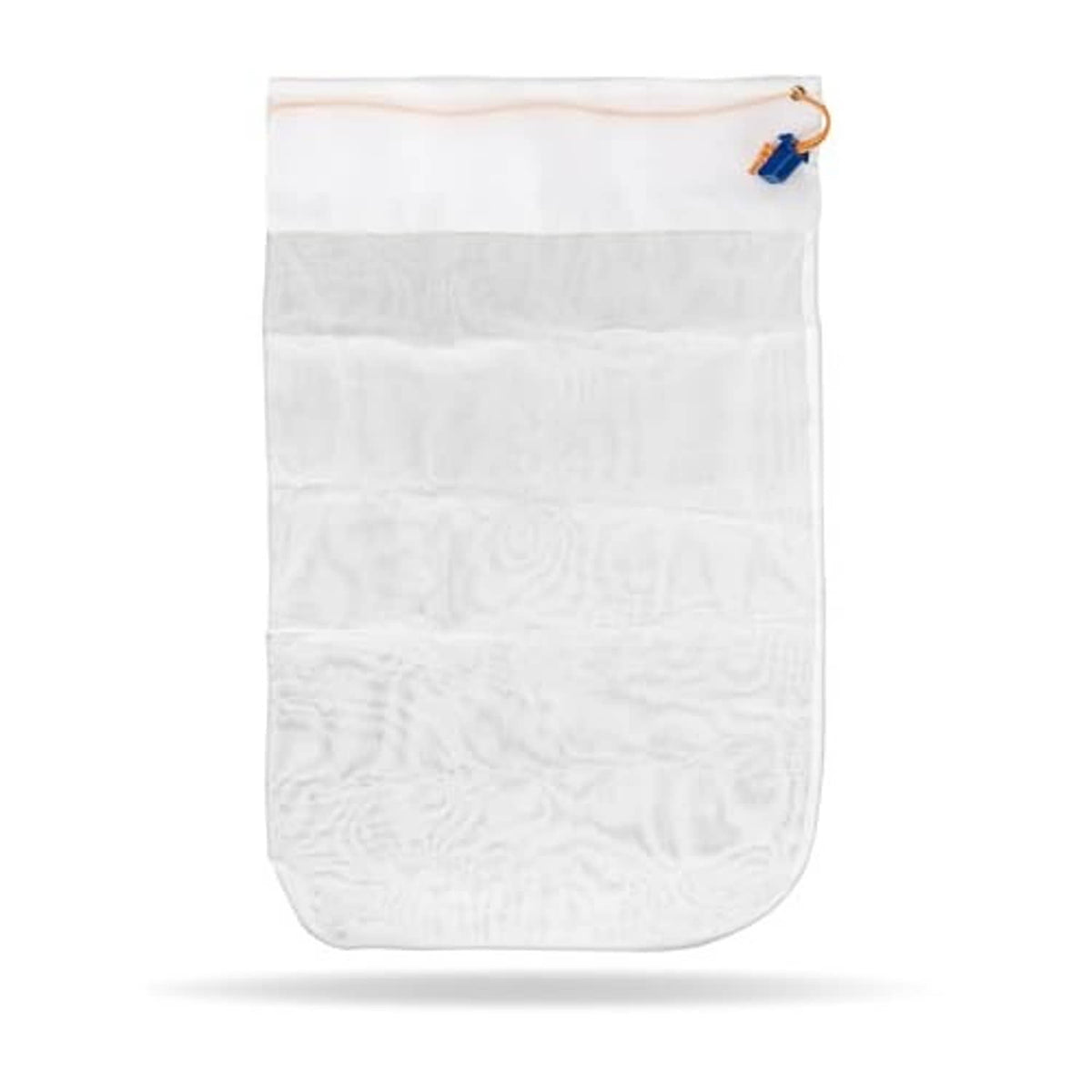 White mesh pool vacuum filter bag, front view, with blue-and-orange drawstring