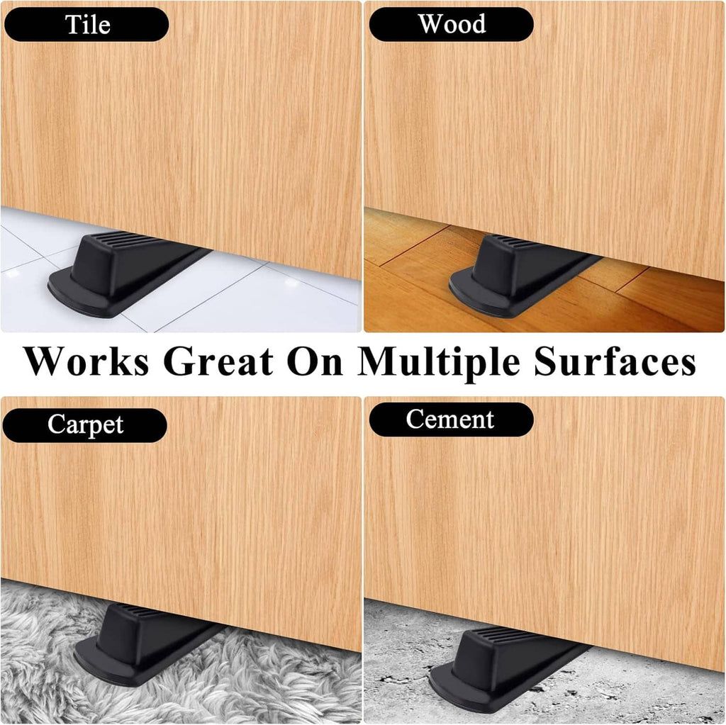 Black rubber door stopper wedge shown on tile, wood, carpet, and cement floors