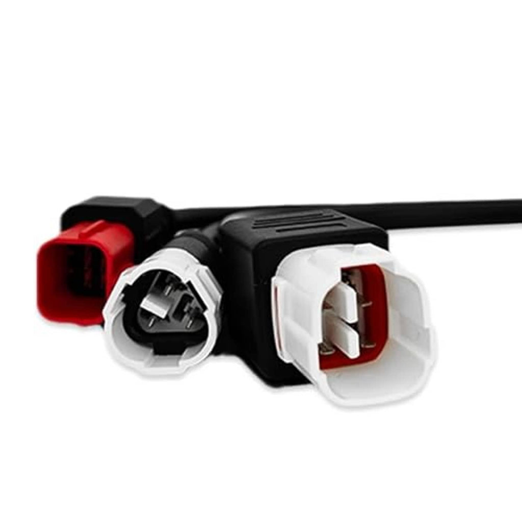 Motorcycle OBD adapter cable with two white connector heads and a red 4-pin port