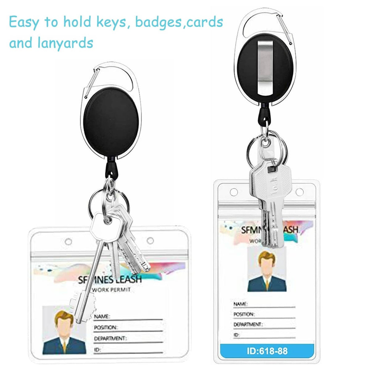 Retractable badge holder with carabiner clip holding keys and ID cards