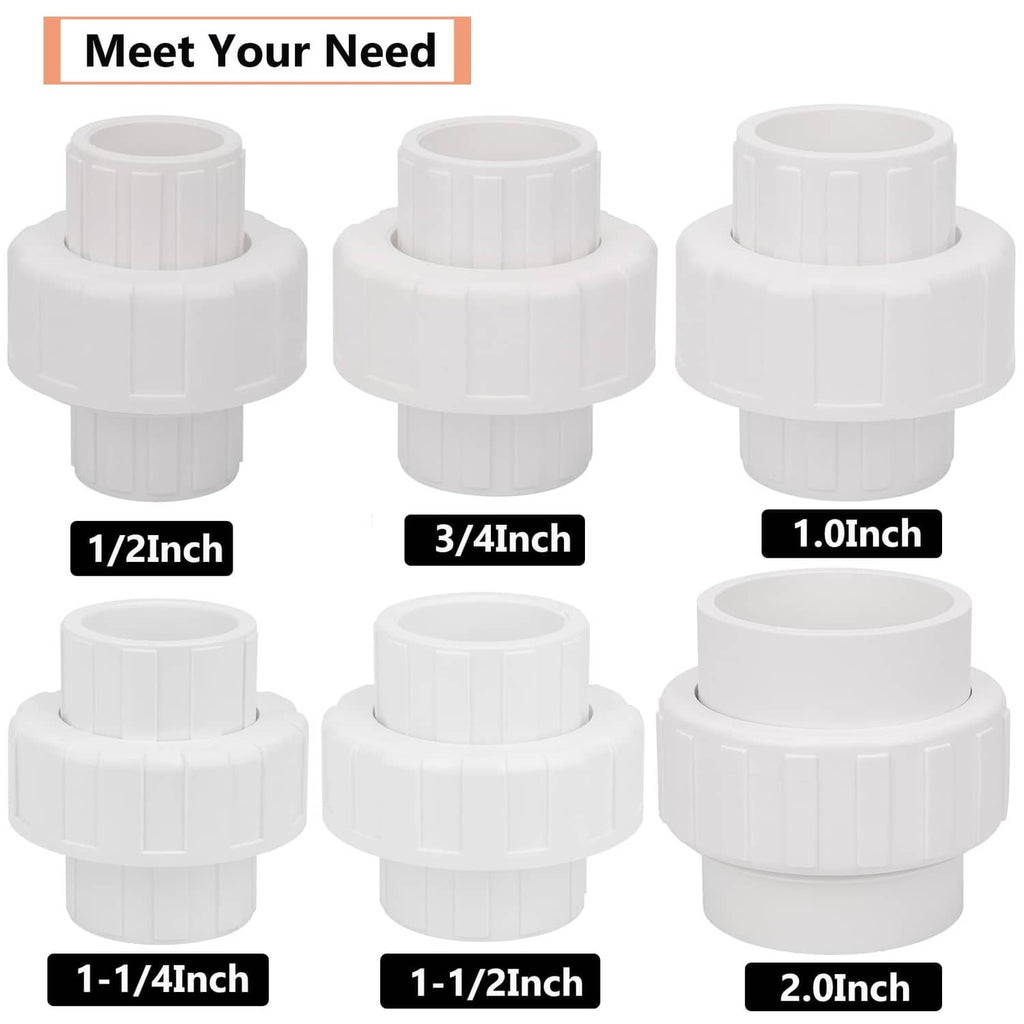 Assorted white PVC union couplings with different socket sizes, 6-pack