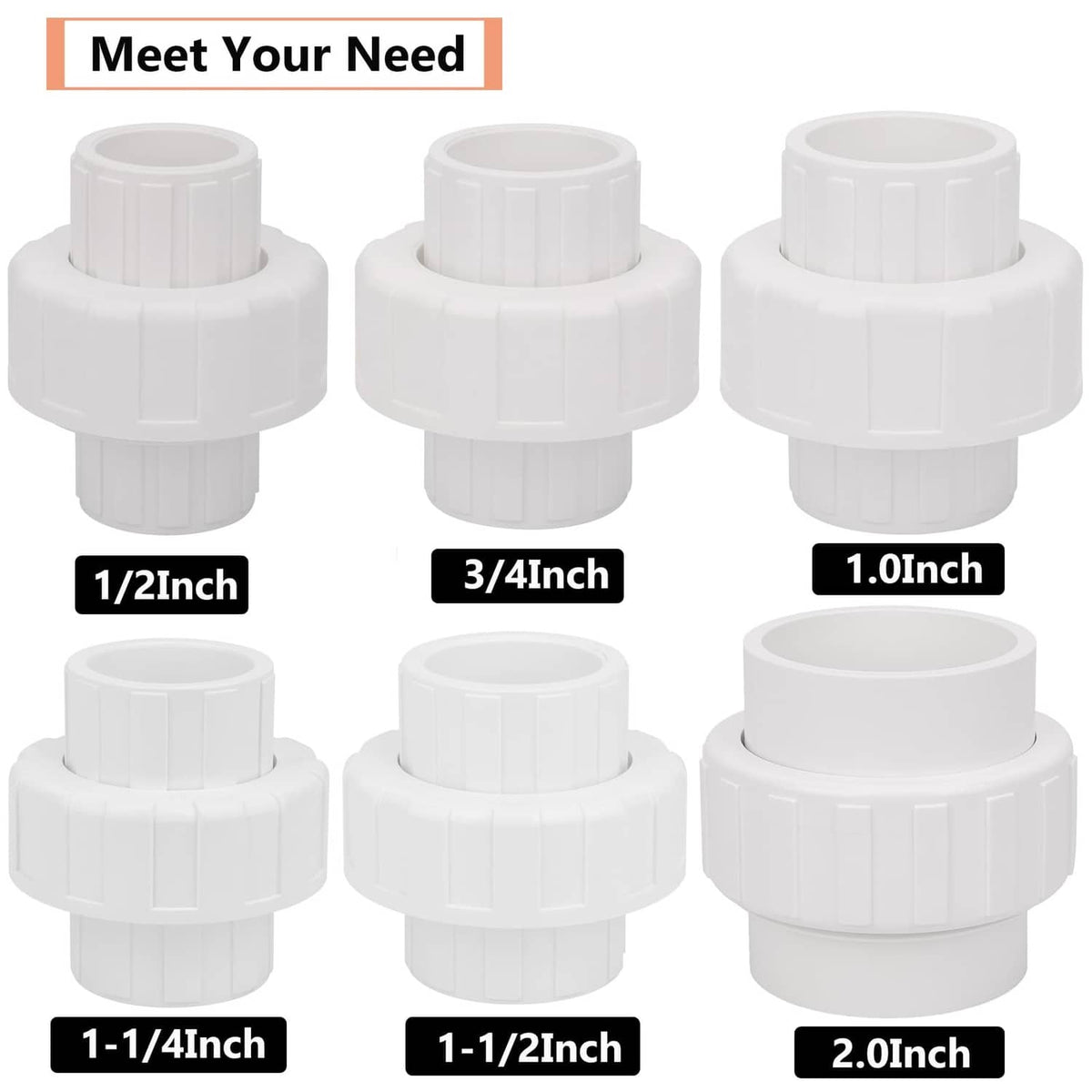 Assorted white PVC union couplings with different socket sizes, 6-pack