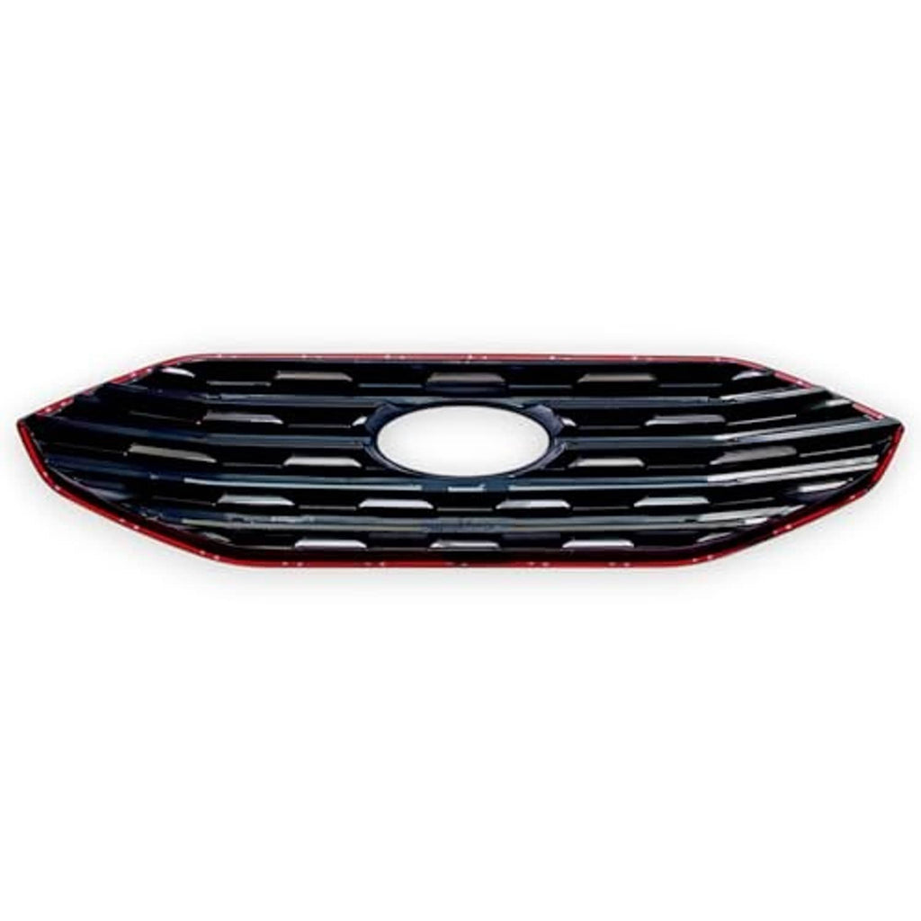 Gloss black front grille overlay with horizontal slats, round center opening, and red edge trim