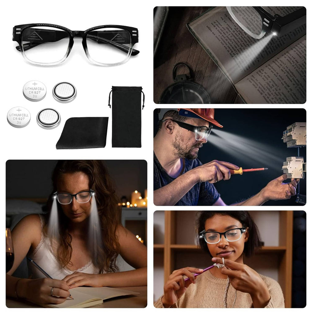 Black LED reading glasses kit with carrying pouches, spare lenses, and lens cleaner