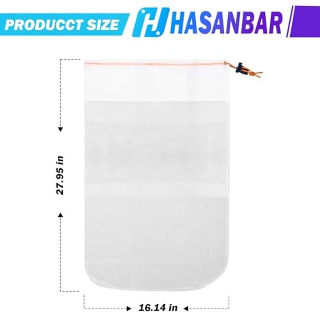 White fine mesh debris bag, orange drawstring; 27.95 in tall, 16.14 in wide