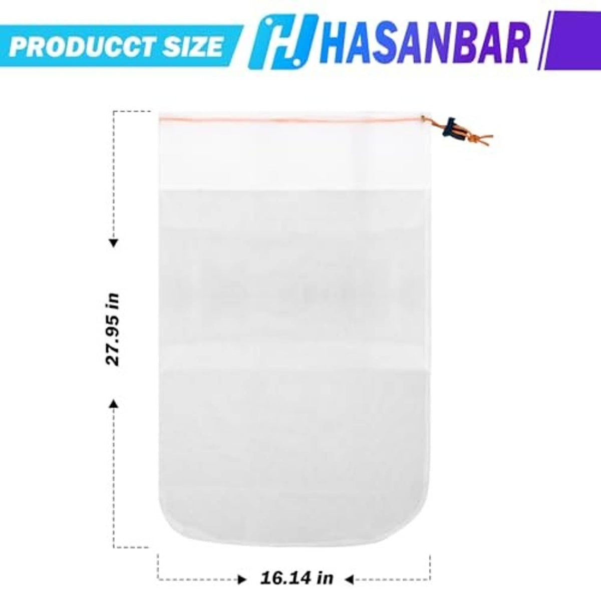White fine mesh debris bag, orange drawstring; 27.95 in tall, 16.14 in wide