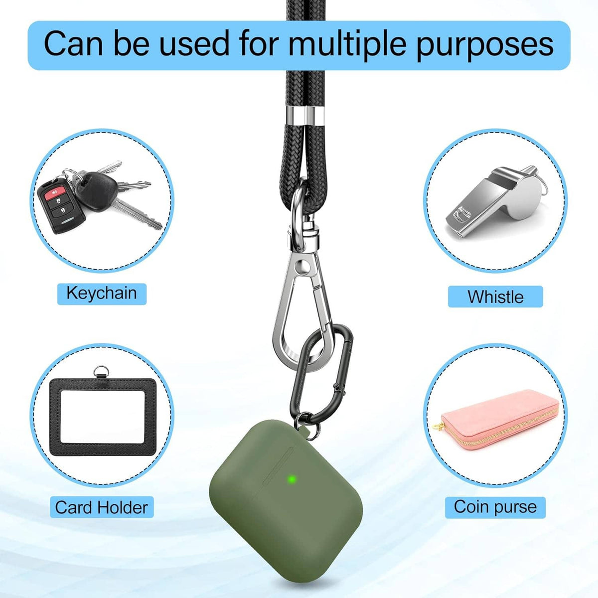 Phone lanyard with carabiner clip for keychain use, plus card and coin holder options