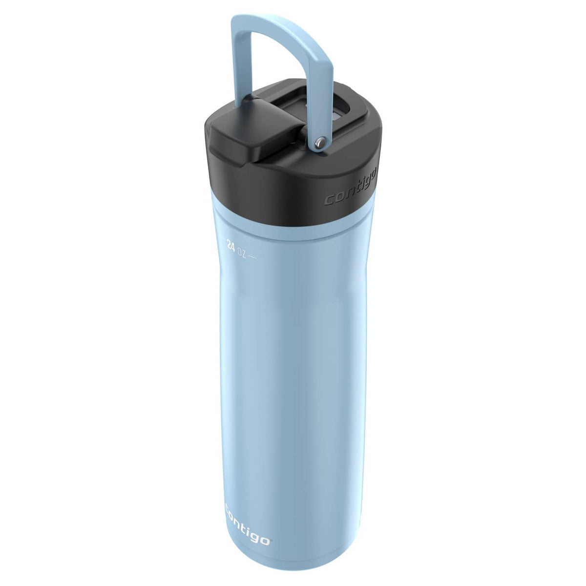 Glacier blue 24 oz water bottle with black lid and open handle loop