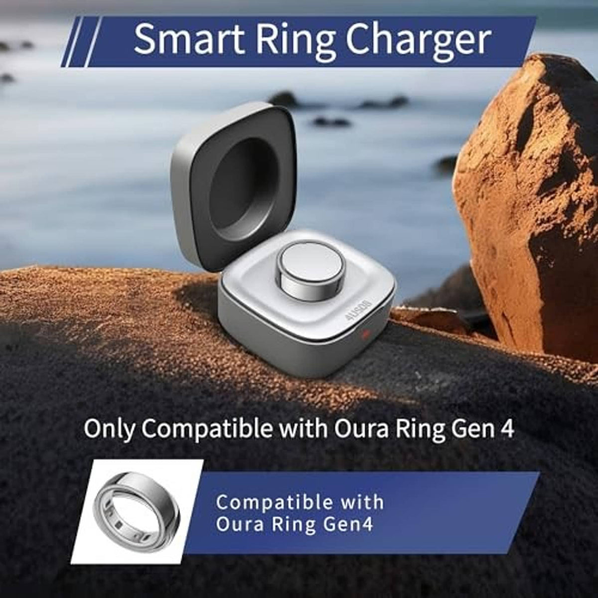 Smart ring charger case with lid open and circular ring charging dock