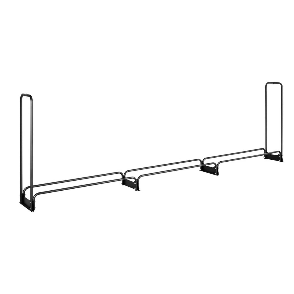 Outdoor firewood rack metal frame with angled base rails and two tall end posts