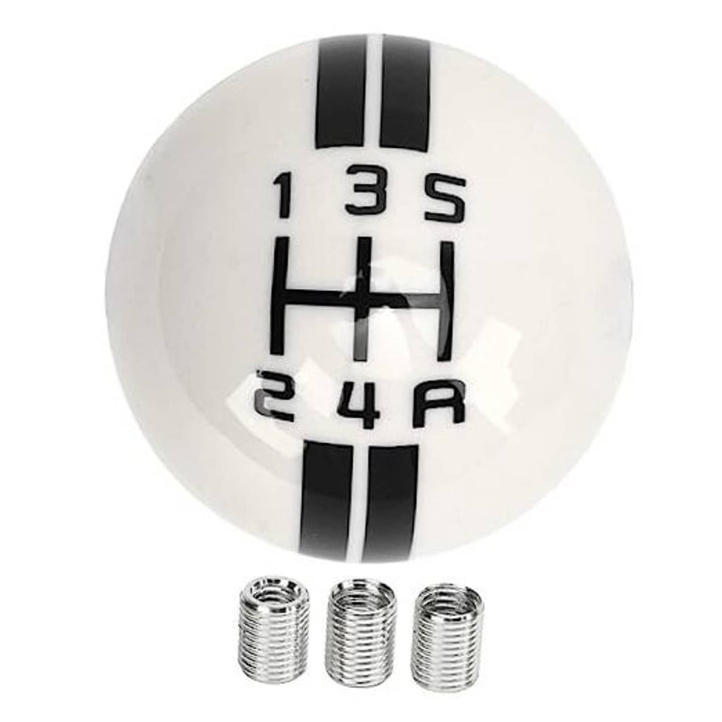 Shift knob with white top, black H-pattern, gear numbers, and three threaded inserts