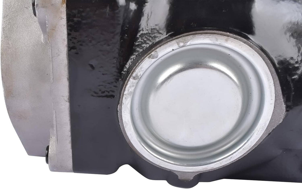 Air brake compressor end cover with circular seal plate and bolt, silver on dark housing