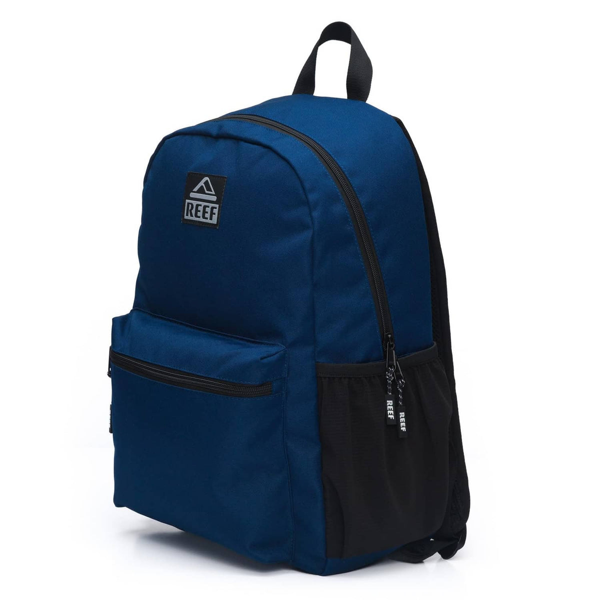 REEF navy blue backpack with side zipper detailing and front zip pocket
