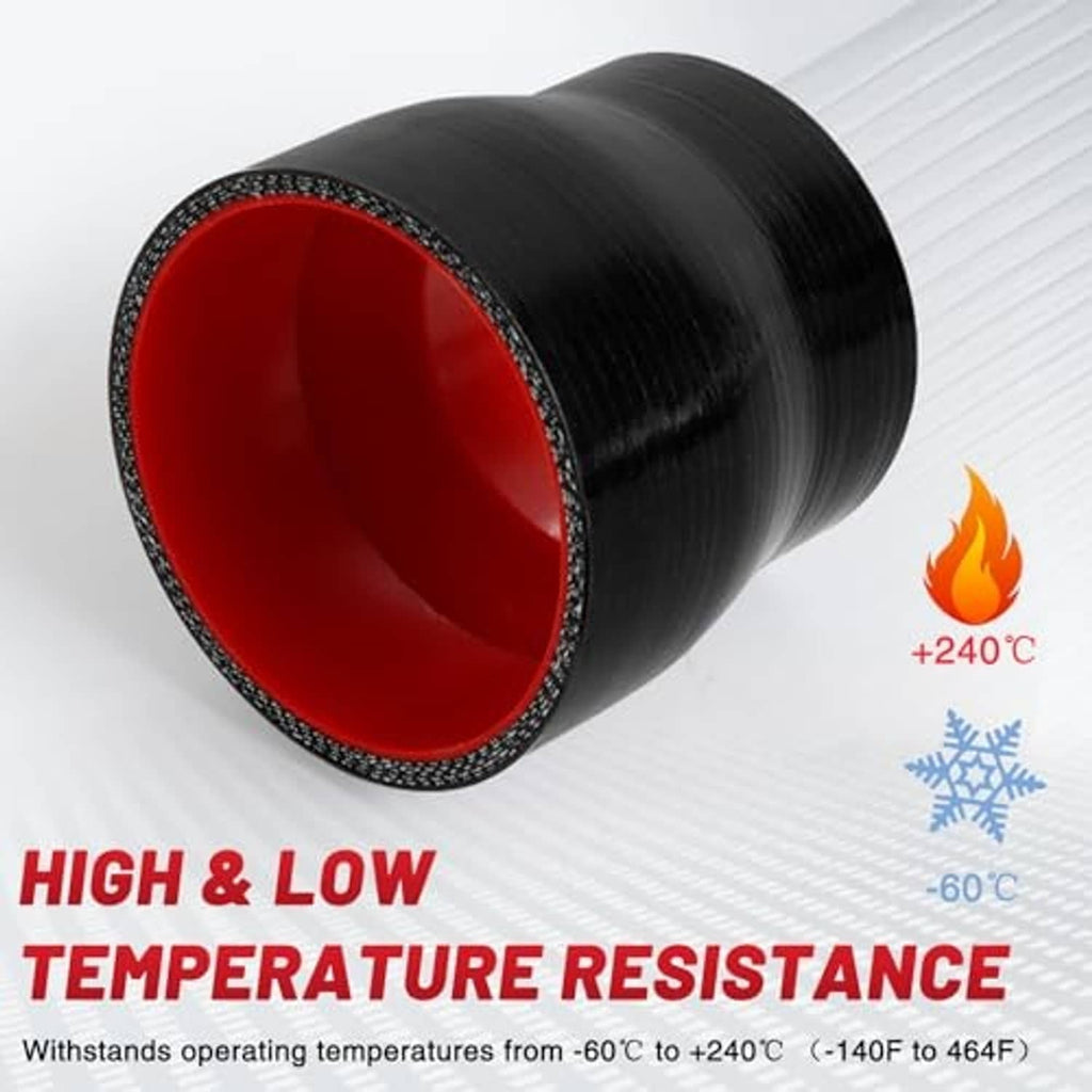 Black silicone reducer coupler hose with red interior, close side view