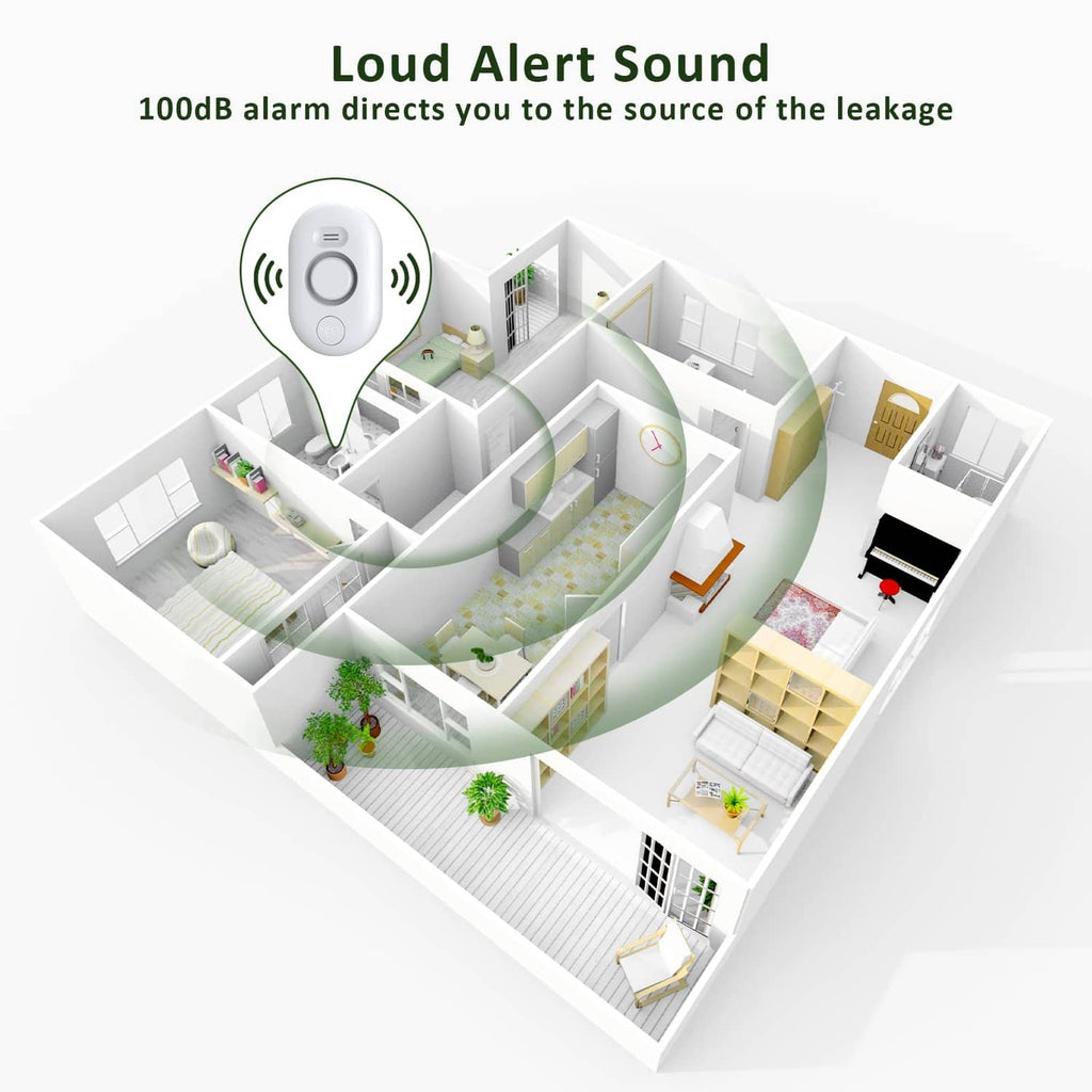 White water leak detector alarm with loud alert sound icon