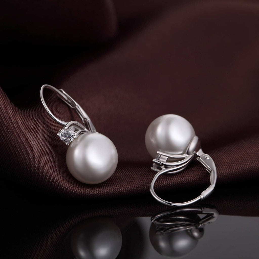 Sterling silver pearl leverback earrings with lever clasp and clear crystal accent on round pearl