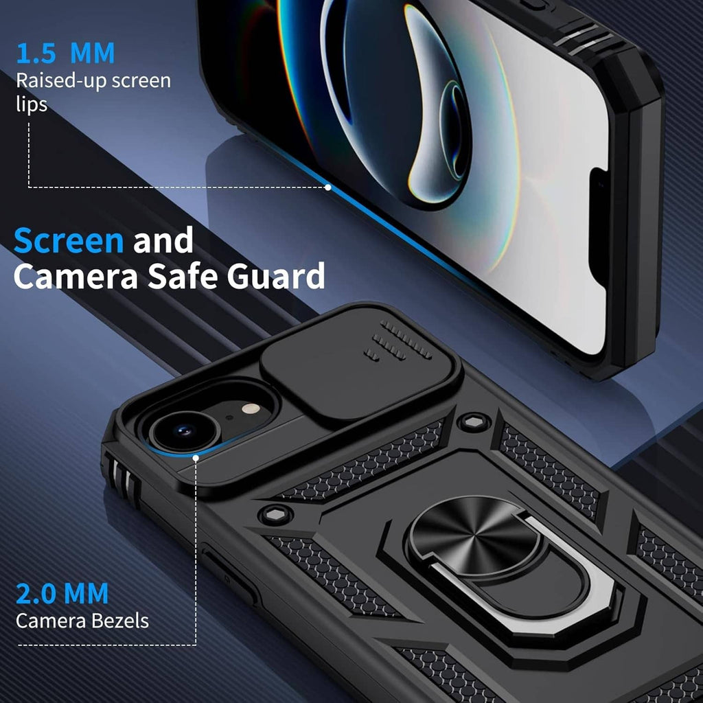 Black rugged iPhone case with raised screen edge and camera bezel protection