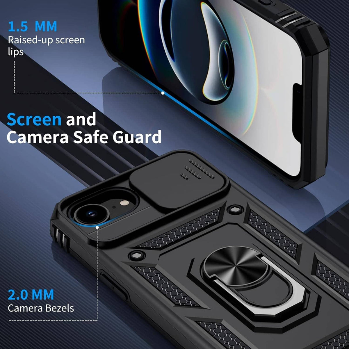 Black rugged iPhone case with raised screen edge and camera bezel protection