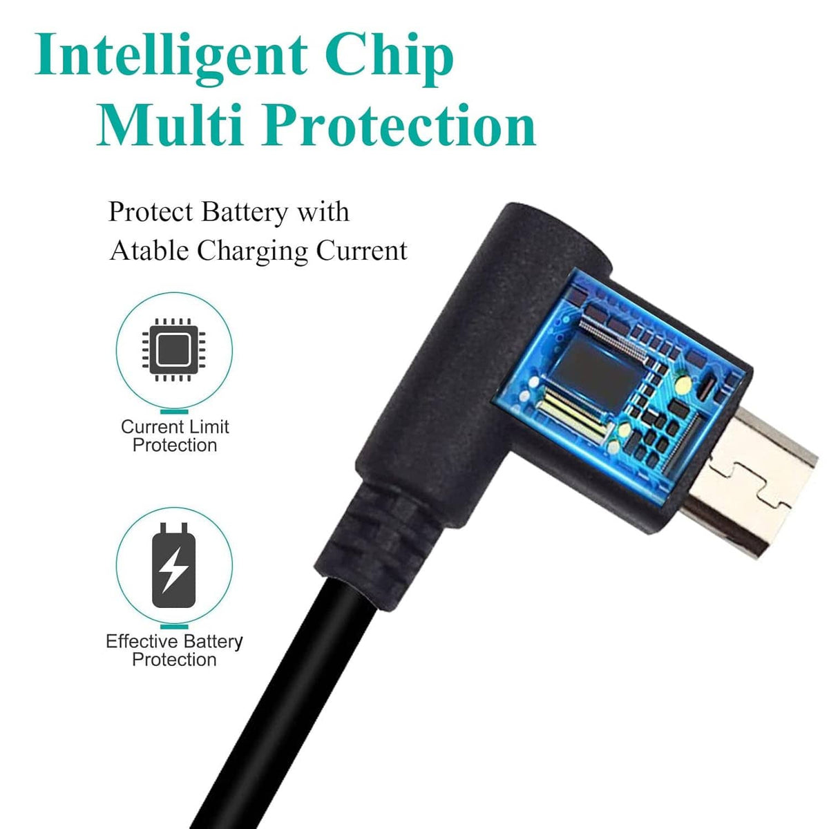 Black USB charging cable with embedded chip at the connector end