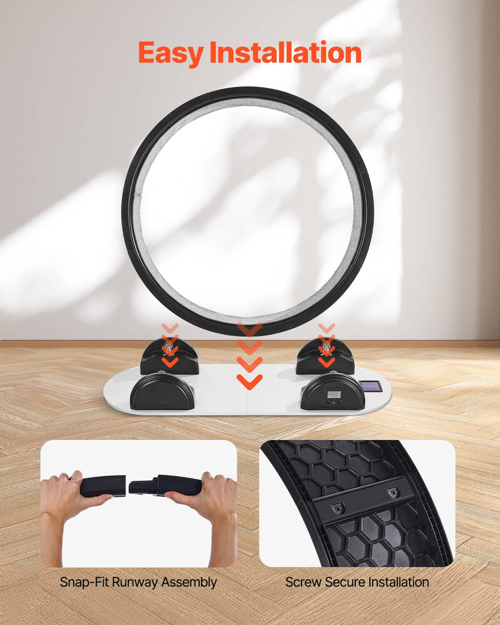 Cat exercise wheel with snap-fit and screw-secure base installation pieces