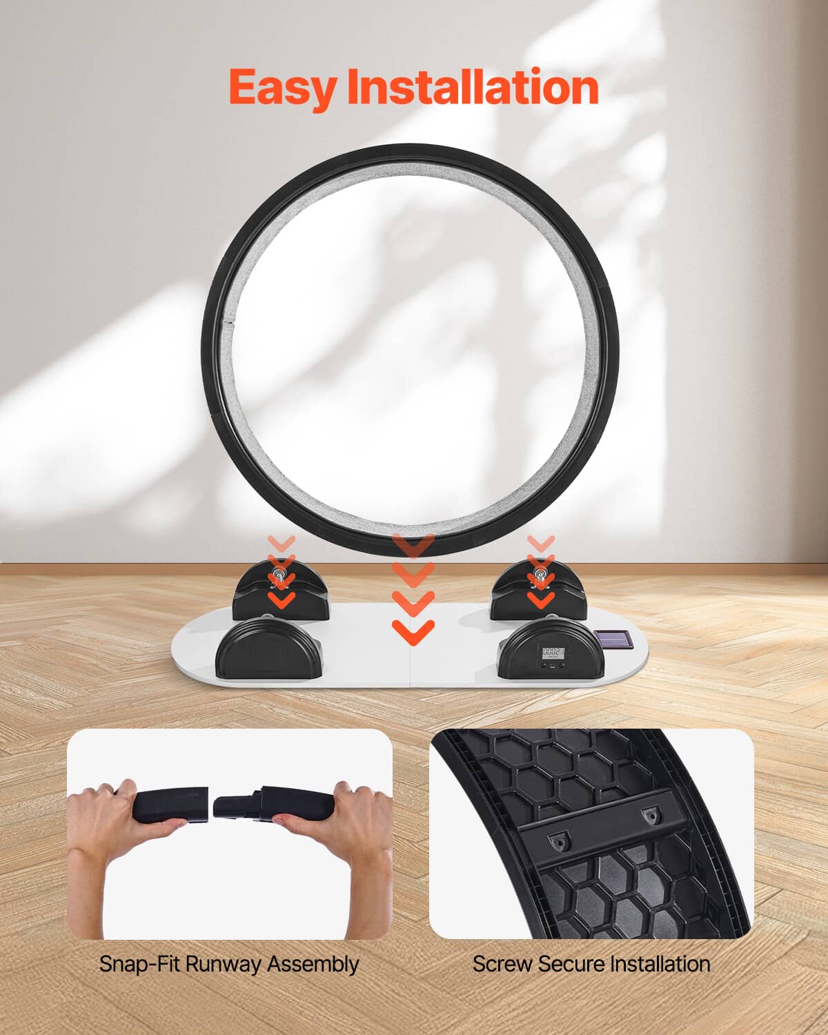 Cat exercise wheel with snap-fit and screw-secure base installation pieces