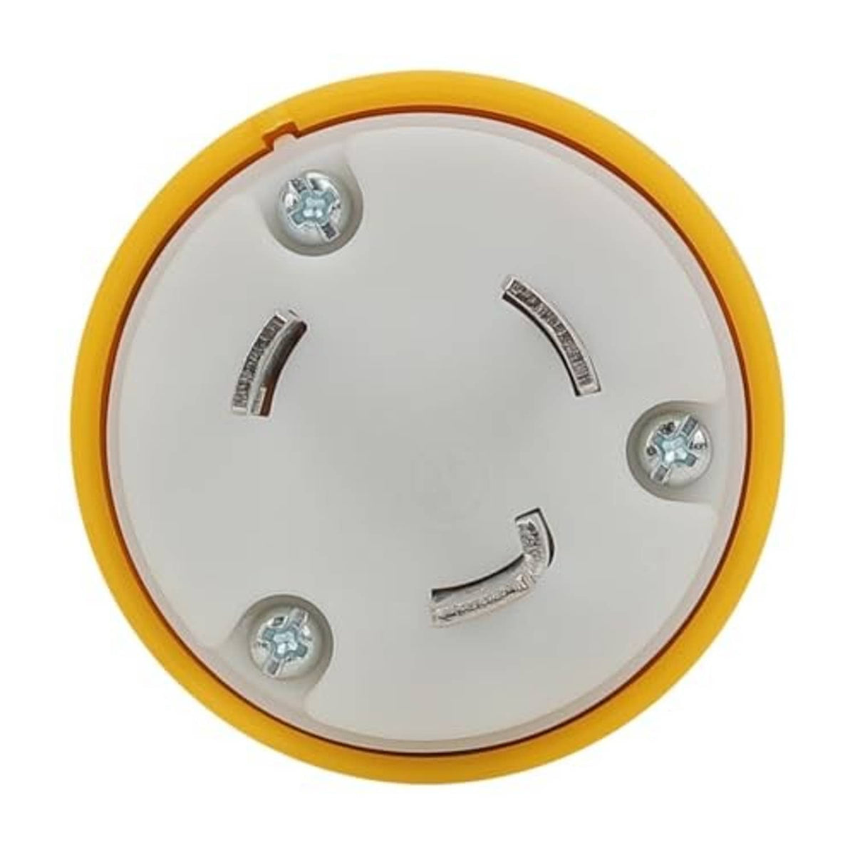 L6-30P plug front plate, yellow rim, white interior with three blade sockets