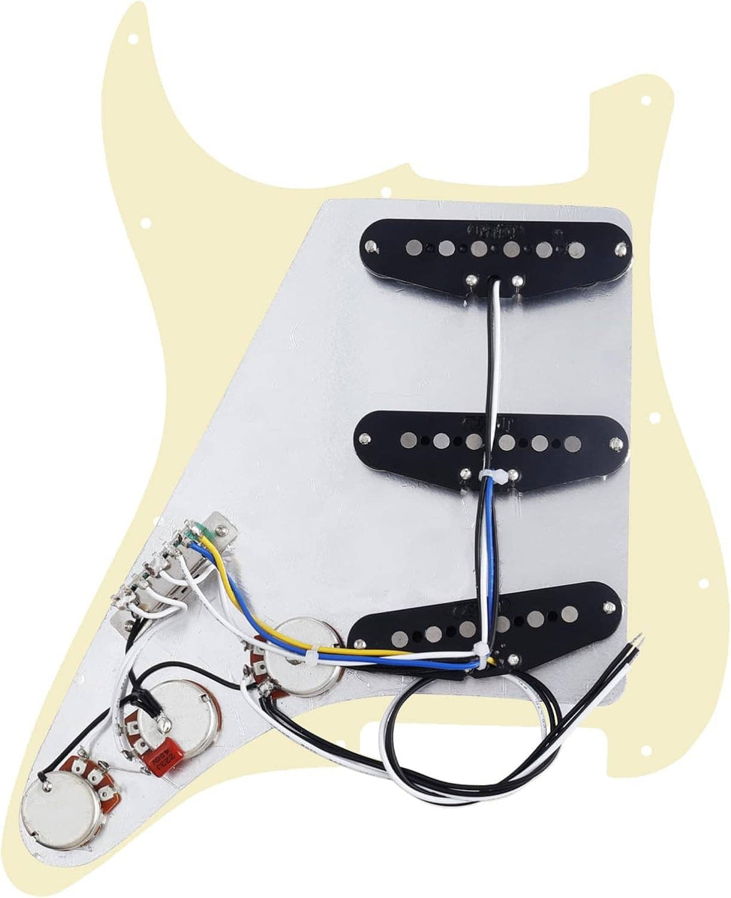 Prewired Stratocaster pickguard with three single-coil pickups, cream pearloid, wiring harness