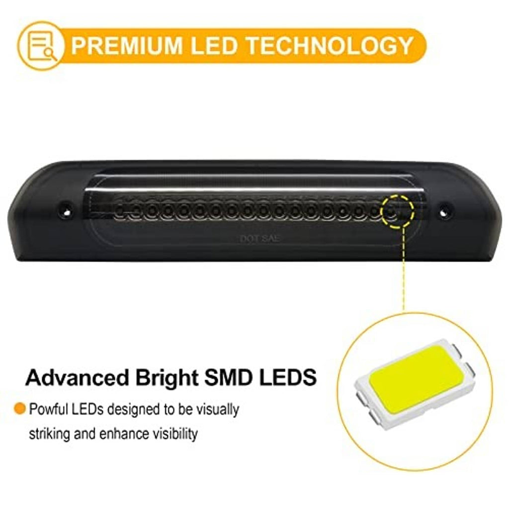 Smoked black LED high mount brake light with visible diode strip, front view