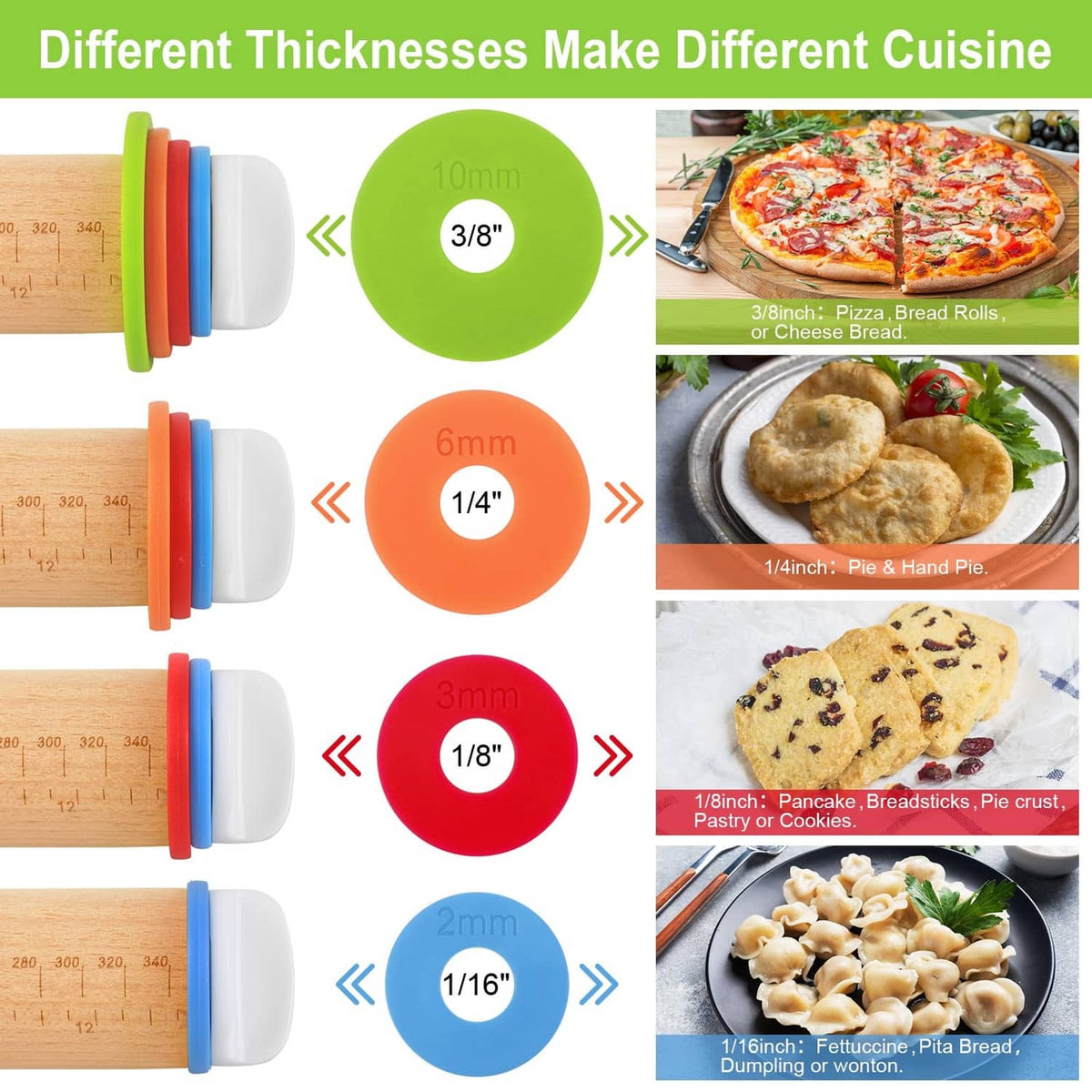 Natural wooden rolling pin with colorful thickness rings showing multiple thickness options.