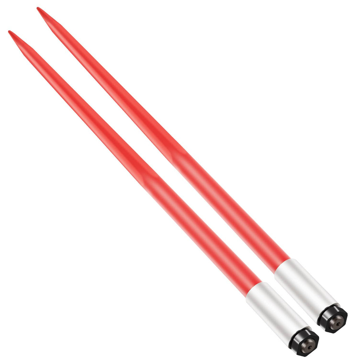 Red skid steer hay bale spears with white sleeves and black end caps