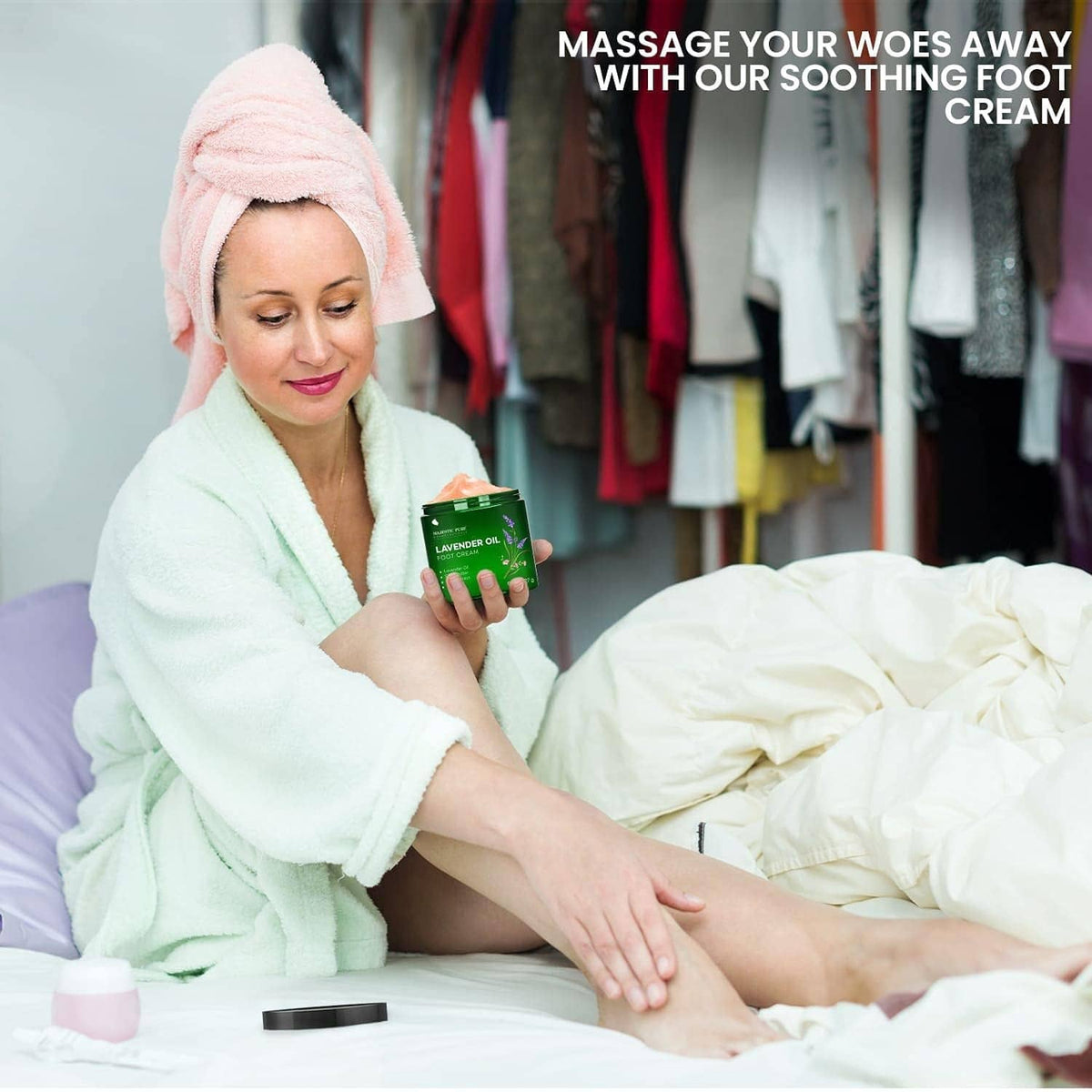 Majestic Pure lavender oil foot cream jar while massaging feet, green 8 oz.
