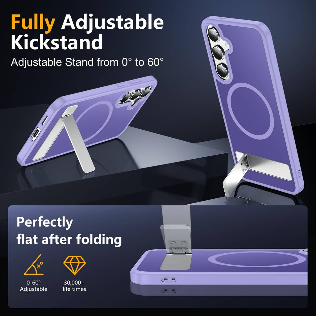 Light purple phone case with adjustable kickstand for viewing; circular back design