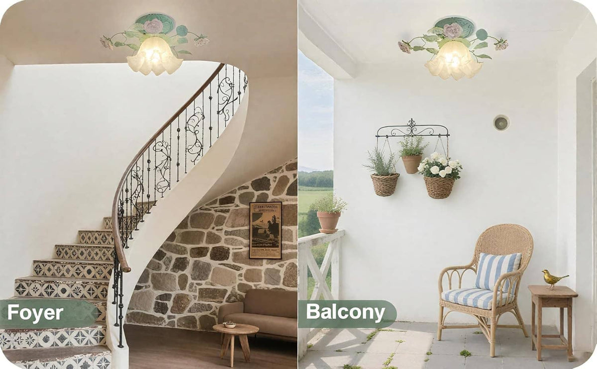 Floral semi-flush ceiling light with green leaf metal frame and white glass rose shades