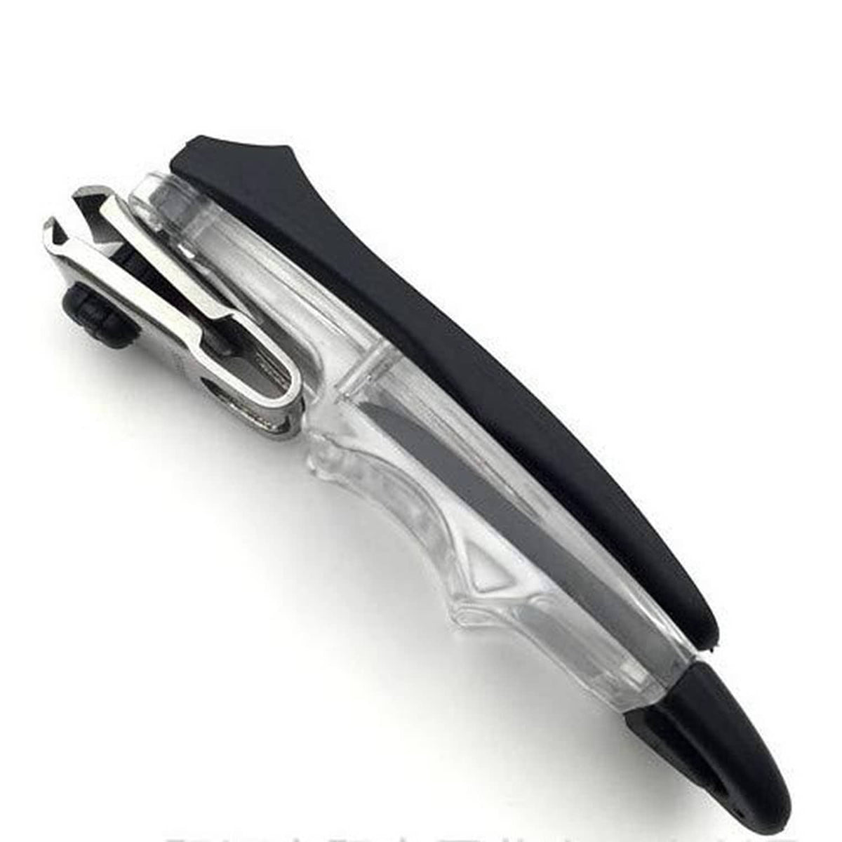 Rotary nail clipper with clear guard, black grip, and exposed metal blade