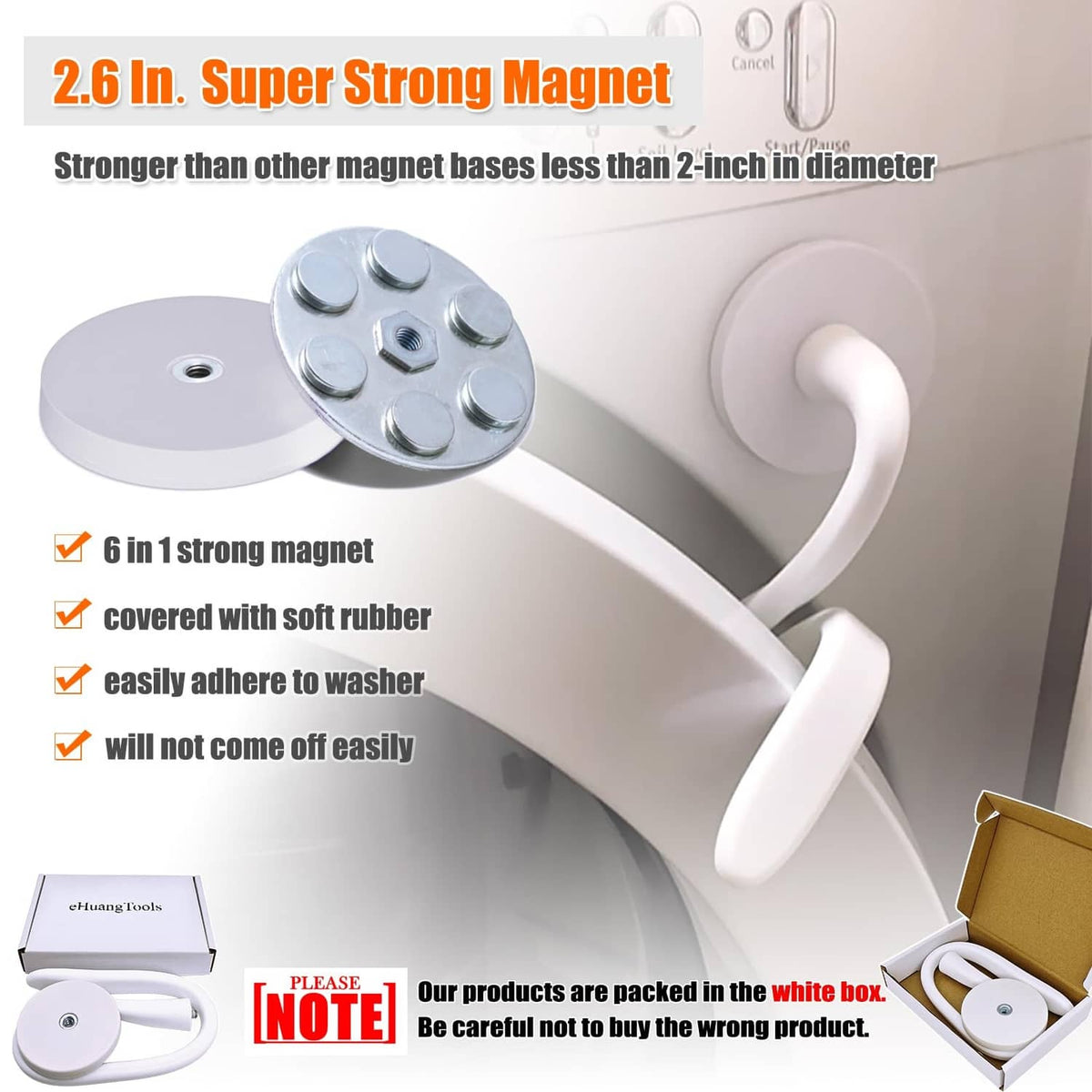 White washer door prop with 2.6-inch magnet base and wrapped rubber cover