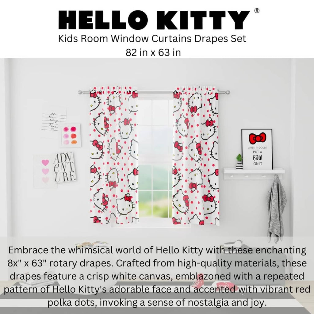 Kids window curtain set, white Hello Kitty print with red bows; full drape panels.