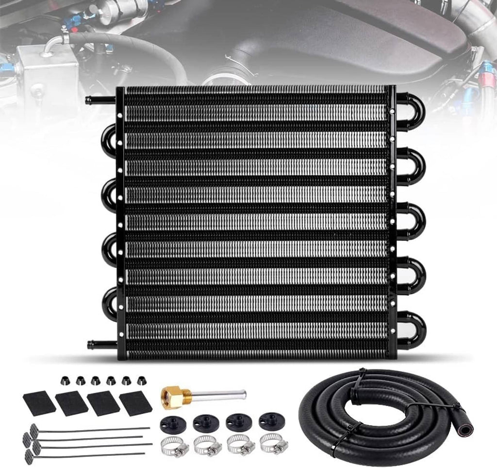 Transmission oil cooler radiator with black metal fins and mounting hardware kit