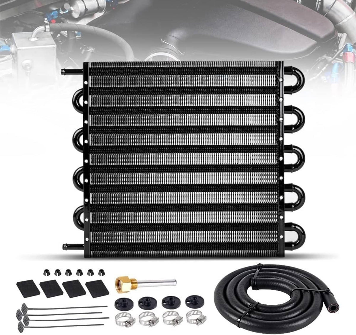 Transmission oil cooler radiator with black metal fins and mounting hardware kit