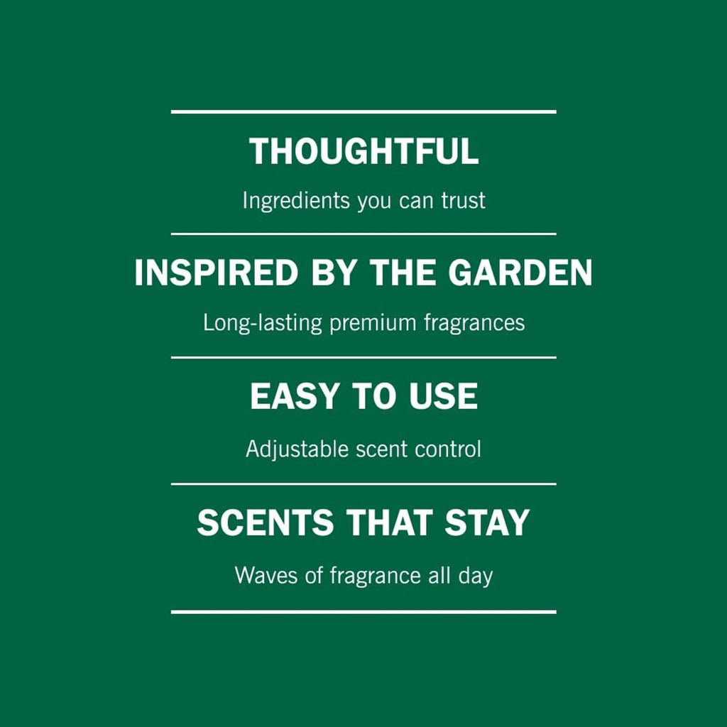 Scented oil refill benefits card: thoughtful ingredients, easy adjustable scent control