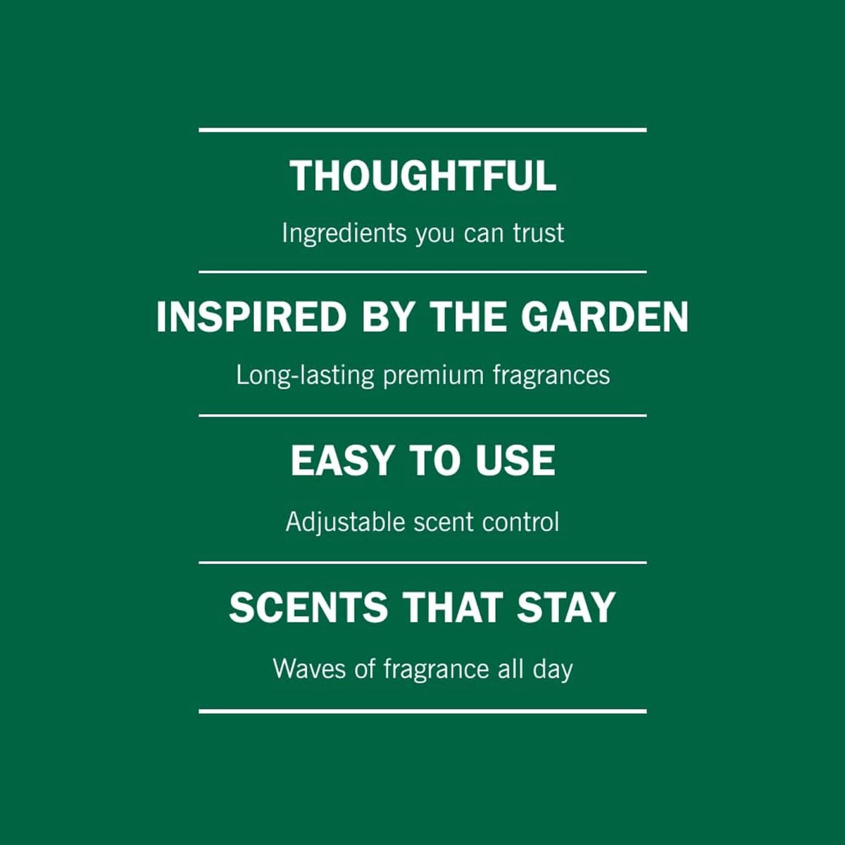 Scented oil refill benefits card: thoughtful ingredients, easy adjustable scent control
