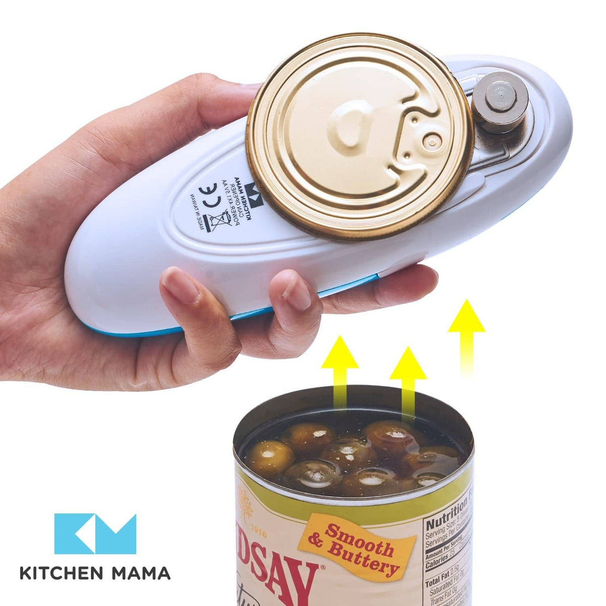 Underside of Kitchen Mama can opener, battery cover open on sky blue base.